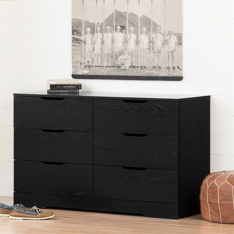 Pemberly Row Wooden Contemporary 6 Drawer Dresser in Black Oak
