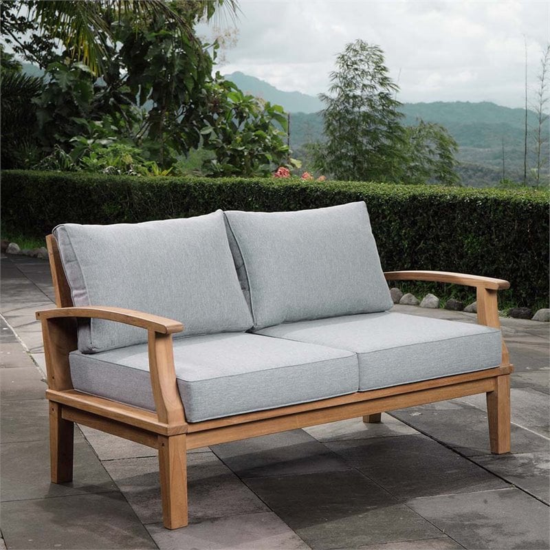 Pemberly Row Modern Wood Patio Teak Loveseat in Natural/Gray