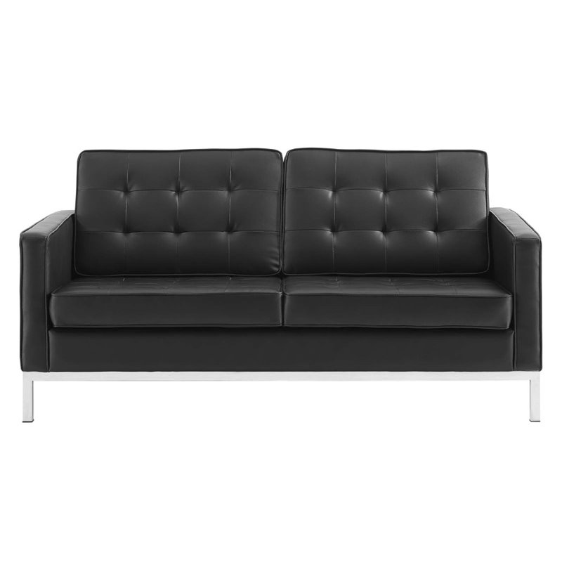 Pemberly Row Tufted Vegan Leather Stainless Steel Loveseat in Silver/Black