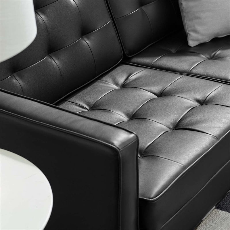Pemberly Row Tufted Vegan Leather Stainless Steel Loveseat in Silver/Black