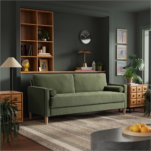 Pemberly Row Mid-Century Stationary Sofa in Olive Fabric Upholstery