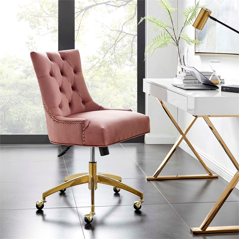 Pemberly Row Modern Velvet Swivel Office Chair in Gold & Dusty Rose Pink
