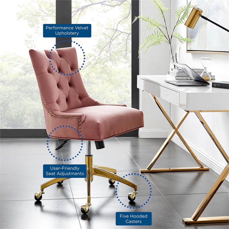 Pemberly Row Modern Velvet Swivel Office Chair in Gold & Dusty Rose Pink