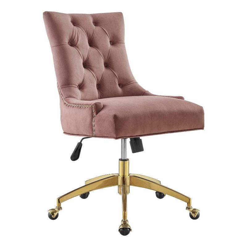 Pemberly Row Modern Velvet Swivel Office Chair in Gold & Dusty Rose Pink