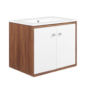 Pemberly Row 24.5&quot Modern Plastic Wall-Mount Bathroom Vanity in Walnut/White