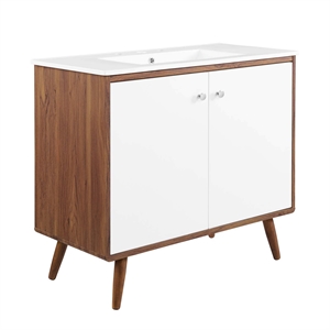 Pemberly Row 36&quot Modern Wood and Ceramic Bathroom Vanity in Walnut/White