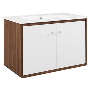 Pemberly Row 30&quot Wall-Mount Wood Bathroom Vanity in Walnut/White