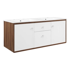 Pemberly Row 48&quot Double Sink Wall-Mount Wood Bathroom Vanity in Walnut/White