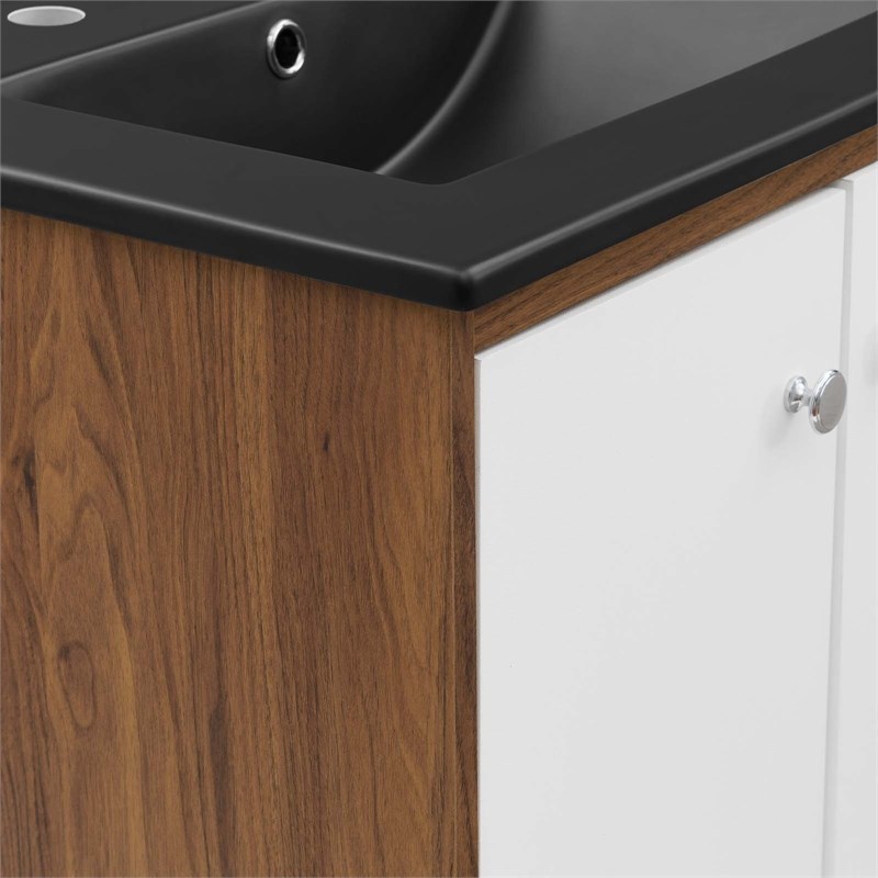 Pemberly Row Modern Wood Wall-Mount Bathroom Vanity in White/Walnut