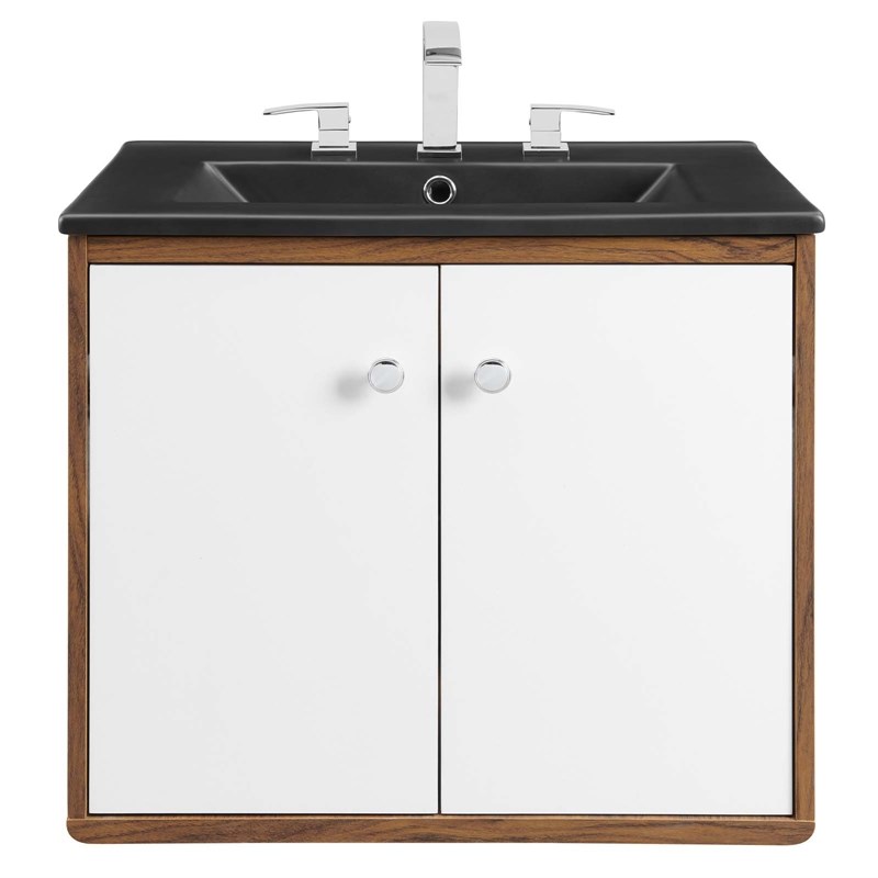 Pemberly Row Modern Wood Wall-Mount Bathroom Vanity in White/Walnut