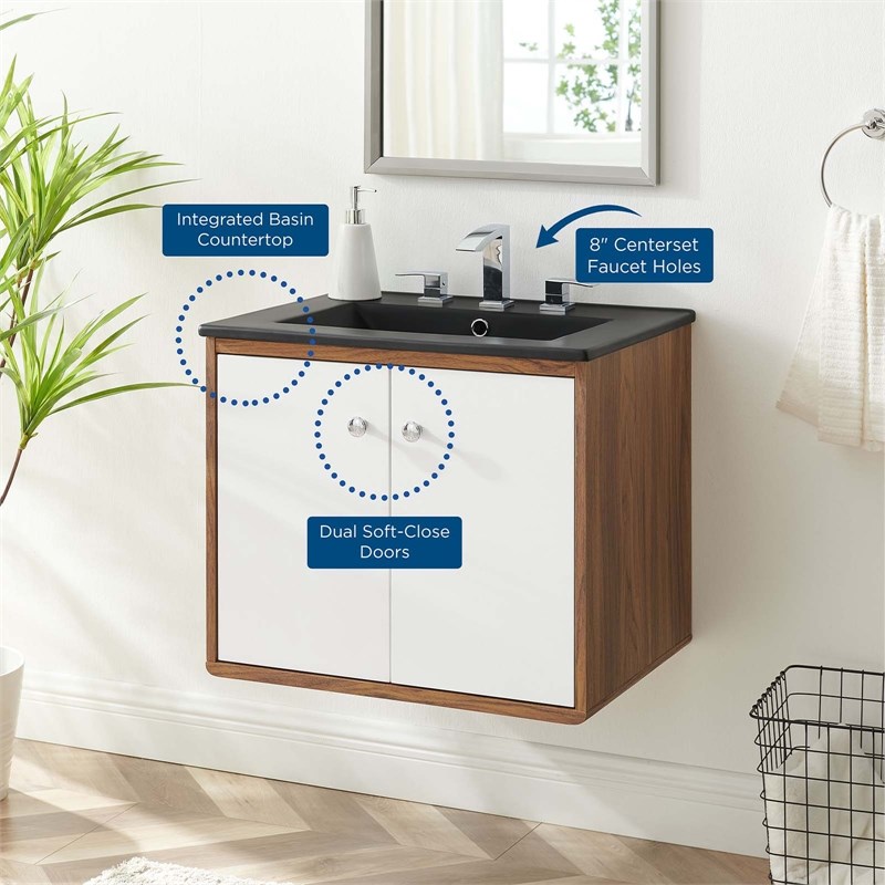 Pemberly Row Modern Wood Wall-Mount Bathroom Vanity in White/Walnut