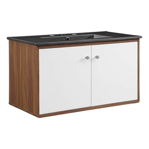 Pemberly Row 36&quot Modern Wood Wall-Mount Bathroom Vanity in Walnut/White
