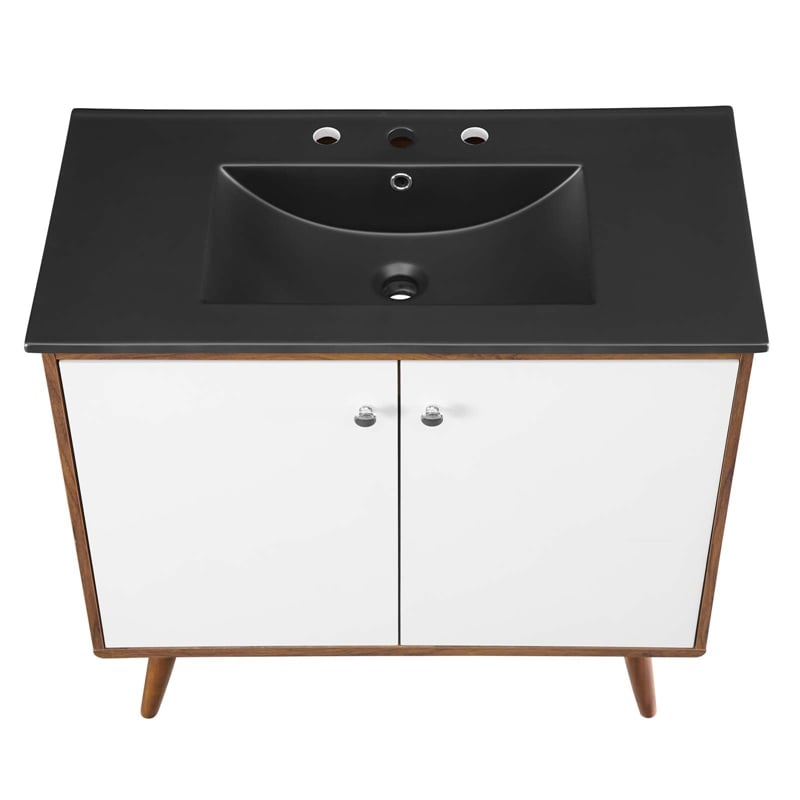 Pemberly Row Modern Wood/Ceramic Bathroom Vanity in Walnut/White