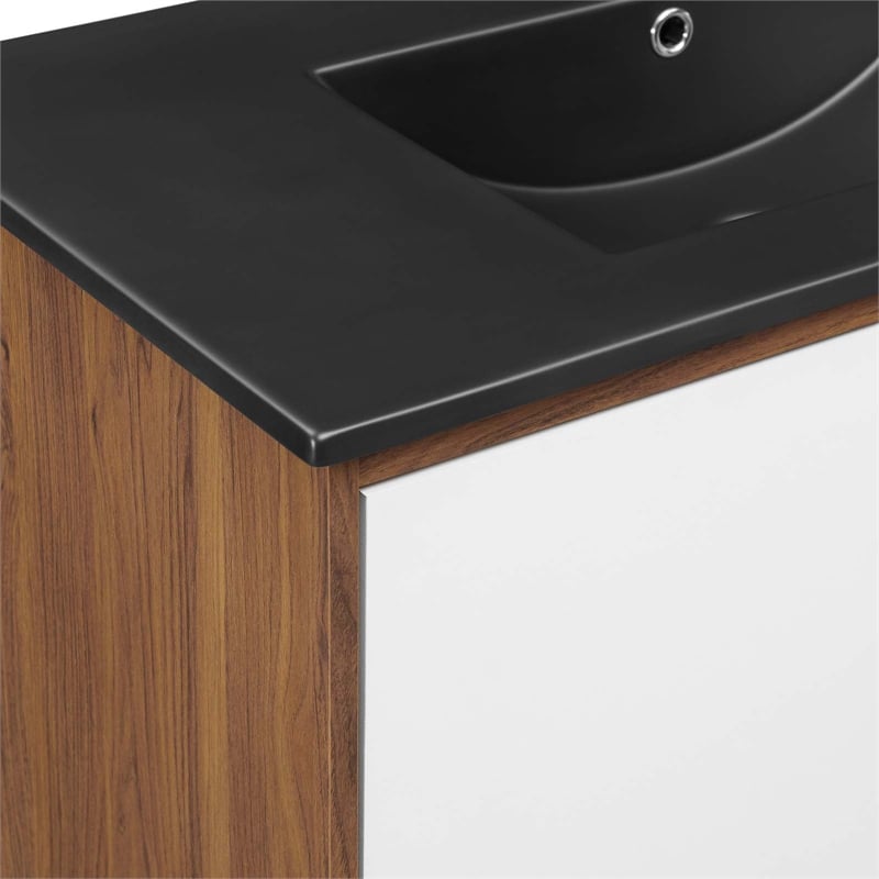 Pemberly Row Modern Wood/Ceramic Bathroom Vanity in Walnut/White