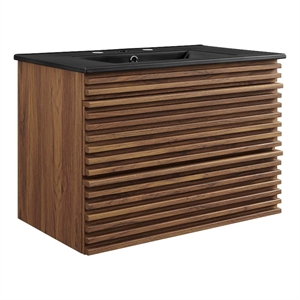 Pemberly Row Modern Wood Wall-Mount Bathroom Vanity in Walnut/Black