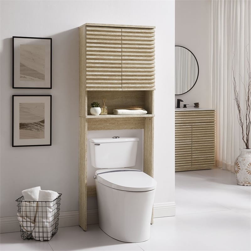 Pemberly Row Contemporary Bathroom Storage Cabinet in Travertine