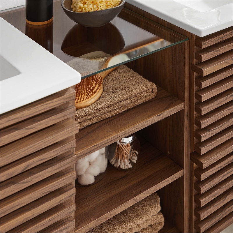 Pemberly Row Contemporary Wall-Mount Bathroom Vanity in Walnut/White