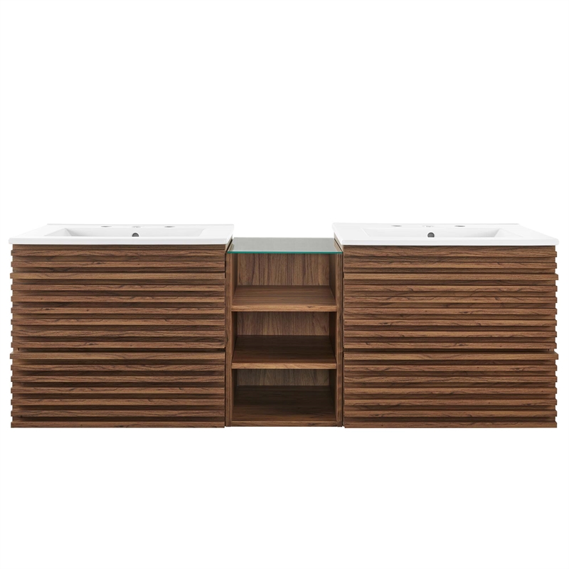 Pemberly Row Contemporary Wall-Mount Bathroom Vanity in Walnut/White