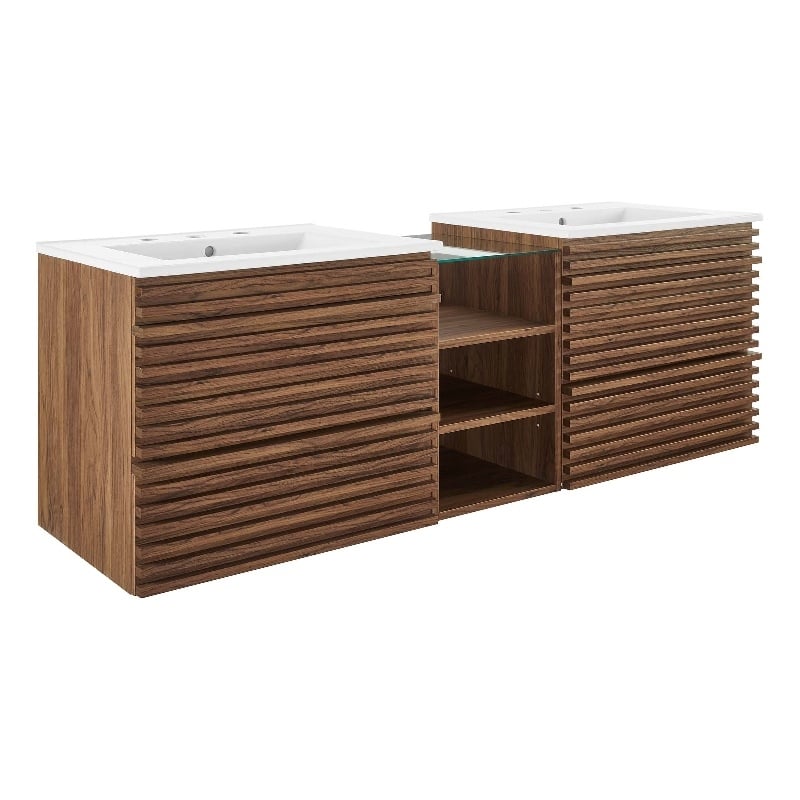 Pemberly Row Contemporary Wall-Mount Bathroom Vanity in Walnut/White