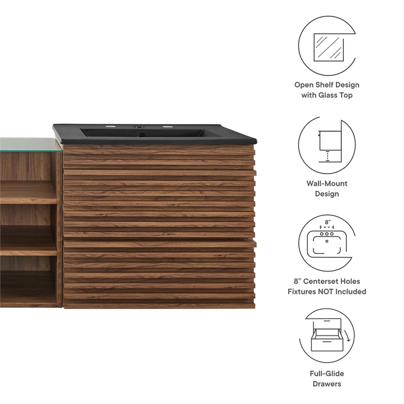 Pemberly Row Contemporary Wall-Mount Bathroom Vanity in Walnut/Black