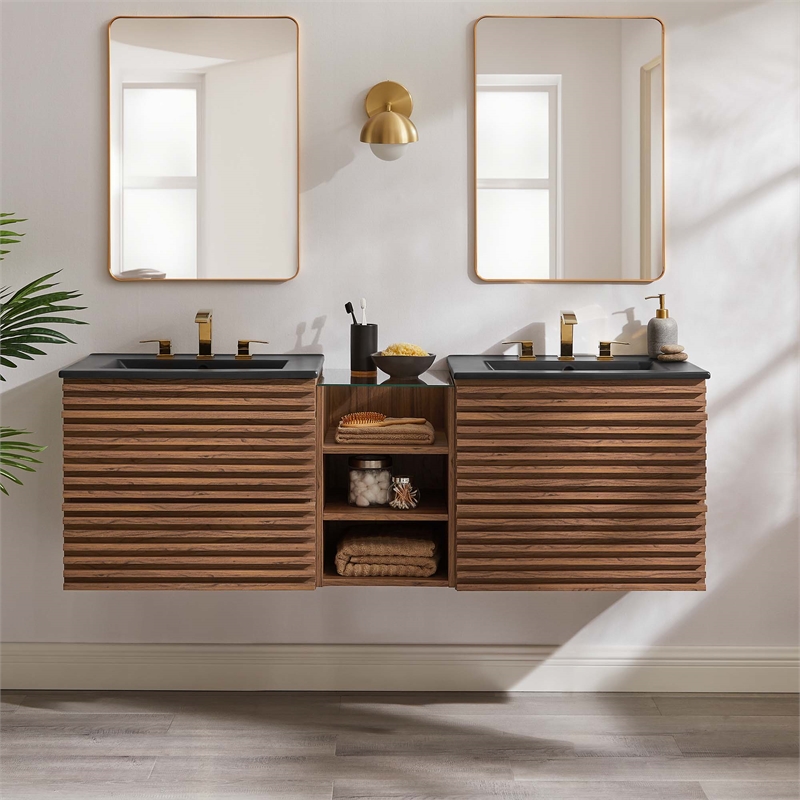 Pemberly Row Contemporary Wall-Mount Bathroom Vanity in Walnut/Black