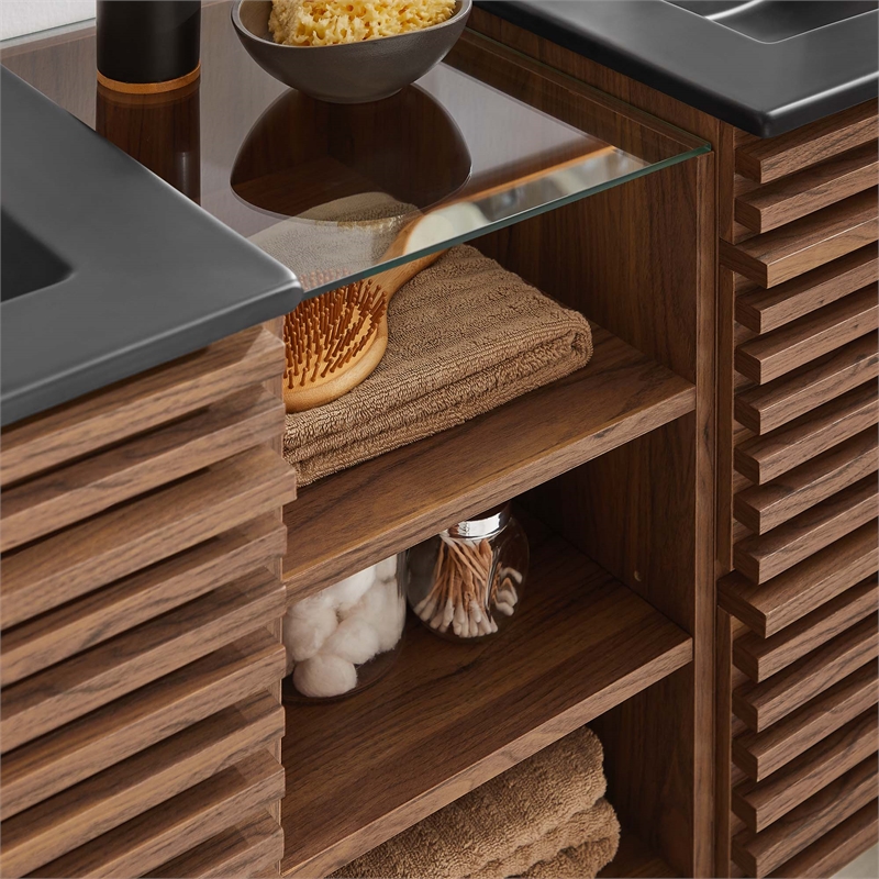 Pemberly Row Contemporary Wall-Mount Bathroom Vanity in Walnut/Black