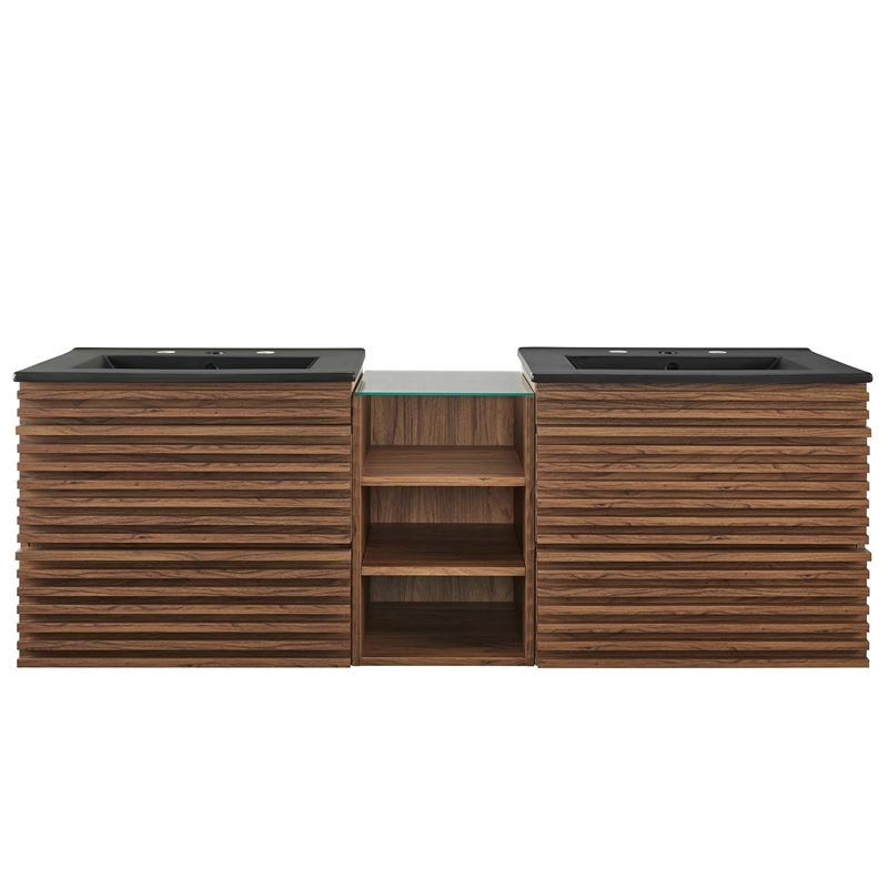 Pemberly Row Contemporary Wall-Mount Bathroom Vanity in Walnut/Black