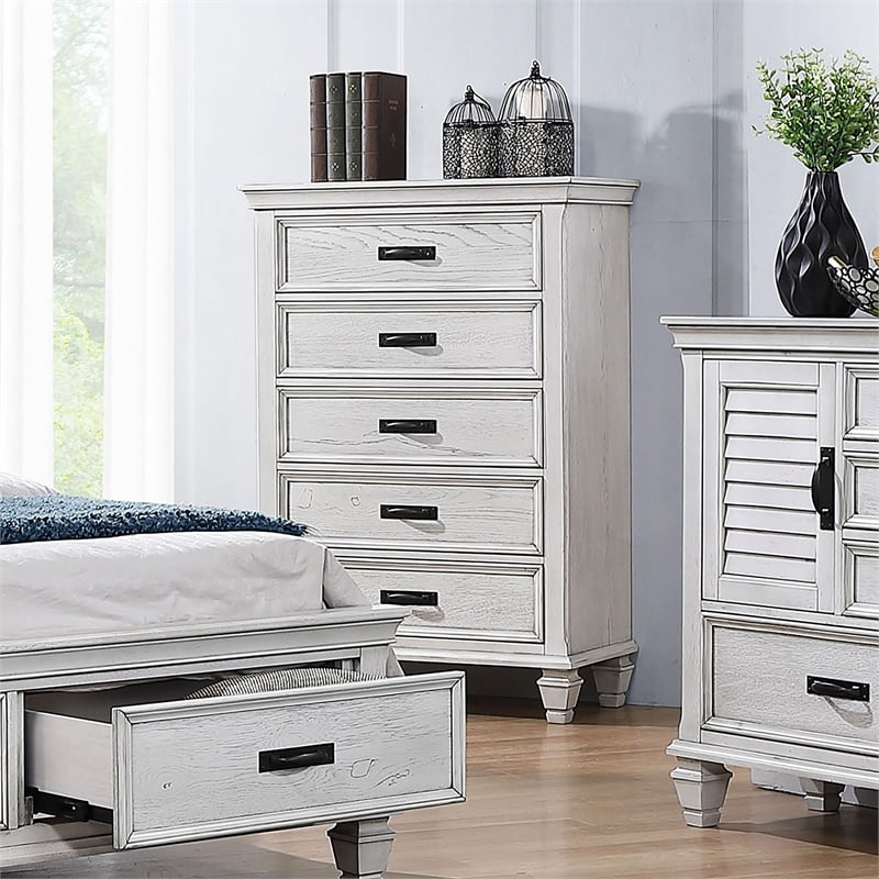 Pemberly Row Farmhouse 5-Drawer Bedroom Chest in Distressed White