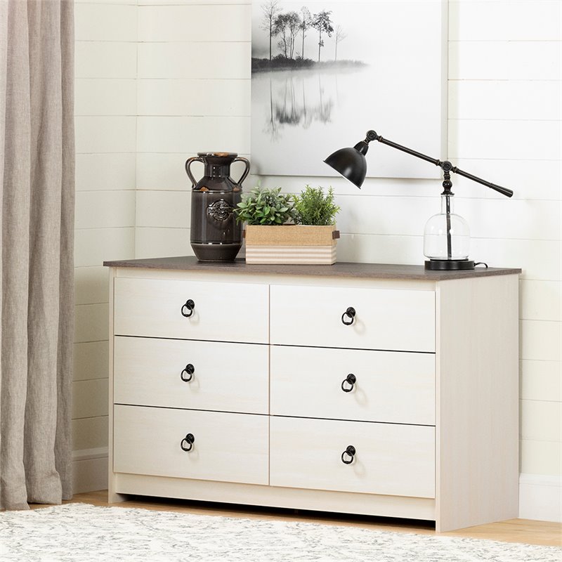 Pemberly Row Contemporary 6 Drawer Dresser in White and Weathered Oak