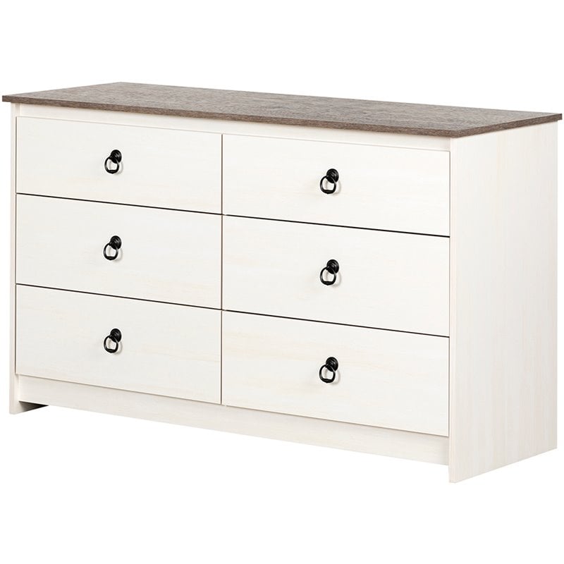 Pemberly Row Contemporary 6 Drawer Dresser in White and Weathered Oak