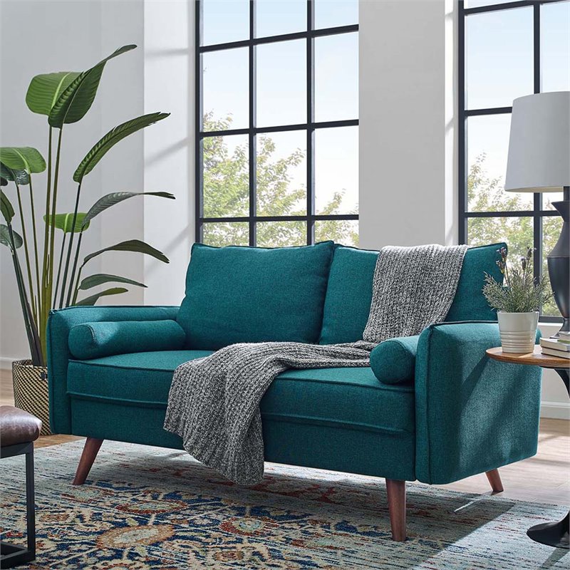 Pemberly Row Modern Fabric Upholstered Loveseat in Walnut/Teal