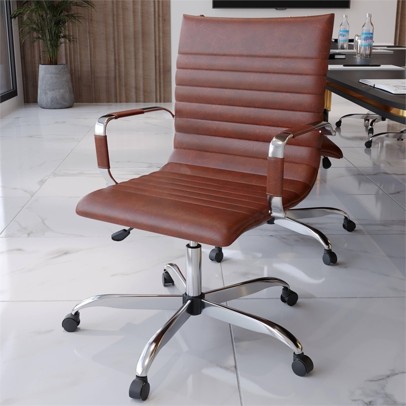 Pemberly Row Adjustable Swivel Leather Task Office Chair Dark Brown