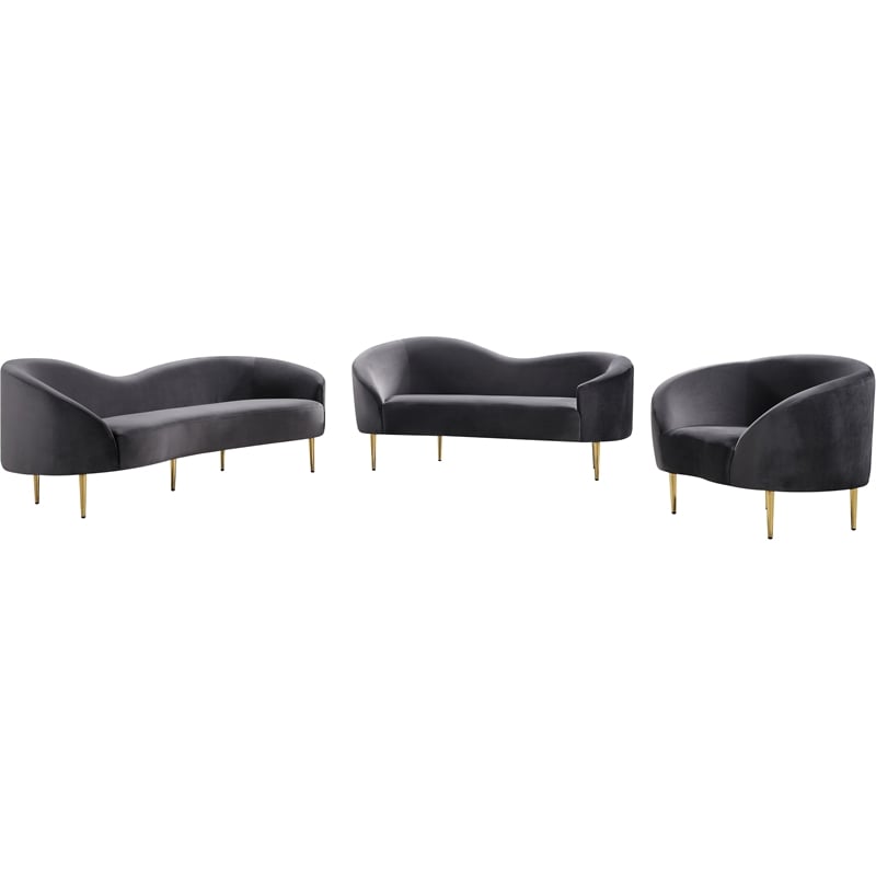 Pemberly Row Contemporary Velvet Upholstered Loveseat in Gray/Gold Legs