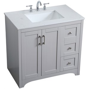 Pemberly Row Traditional 36&quot Single Quartz Top Bathroom Vanity in Gray