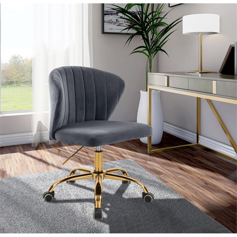 Pemberly Row Swivel Adjustable Gray Velvet and Gold Office Chair