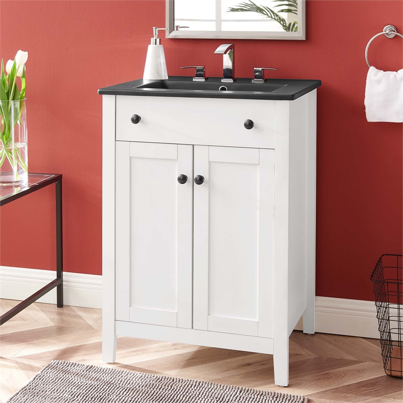 Pemberly Row Modern Wood/Ceramic Bathroom Vanity in White/Black