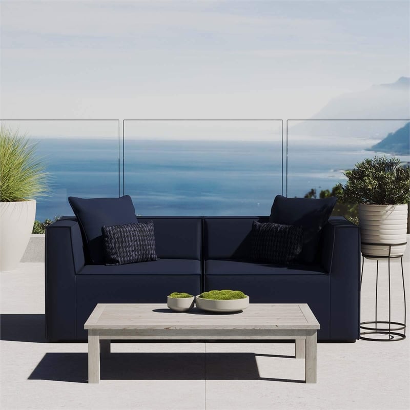 Pemberly Row Fabric Upholstered Outdoor Patio Loveseat in Navy