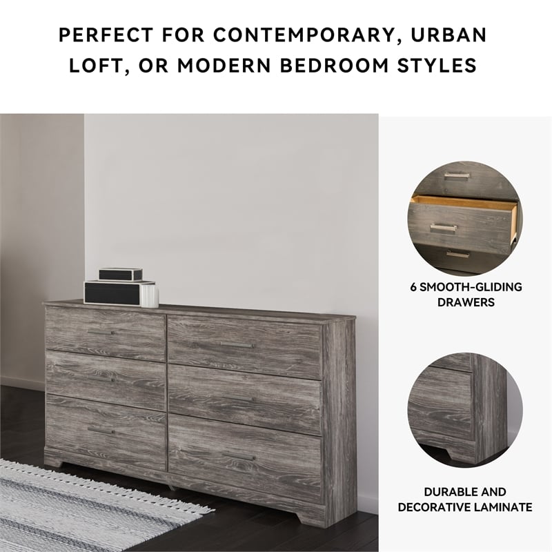 Pemberly Row Wooden 6-Drawer Farmhouse Bedroom Dresser in Gray