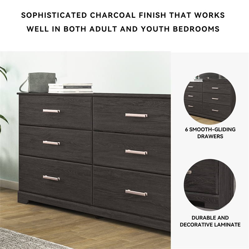 Pemberly Row Wooden Modern / Contemporary 6-Drawer Dresser in Black