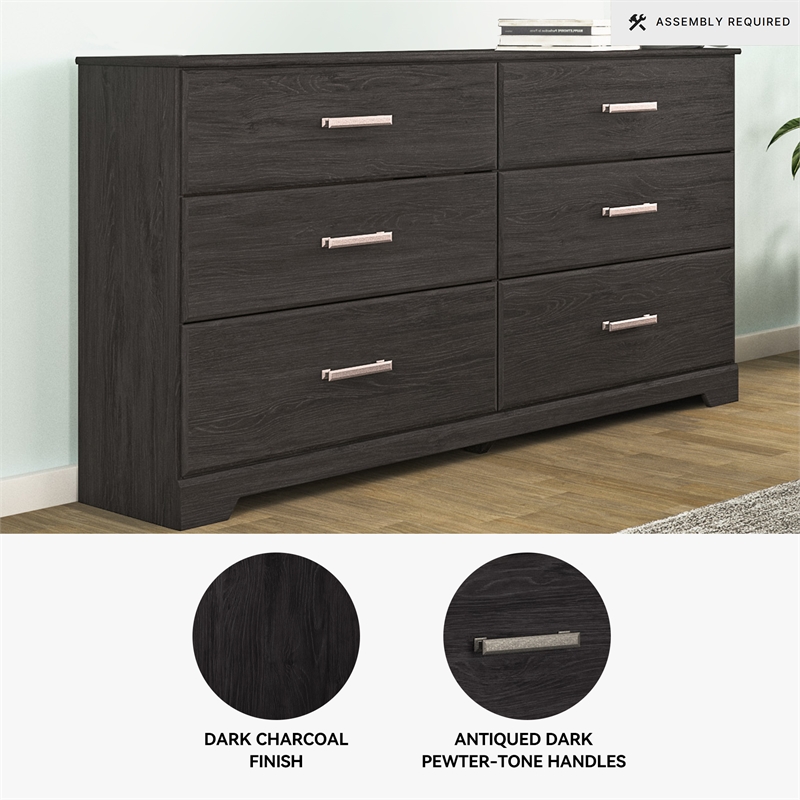 Pemberly Row Wooden Modern / Contemporary 6-Drawer Dresser in Black