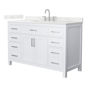 Pemberly Row 54&quot White Single Vanity & Giotto Quartz Top (3-Hole) & Nickel Trim