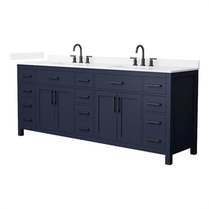 Pemberly Row 84&quot Blue Double Vanity & White Quartz Top (3-Hole) & Black Trim