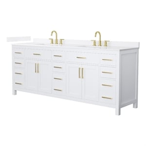Pemberly Row 84&quot White Double Vanity & White Quartz Top (3-Hole) & Gold Trim