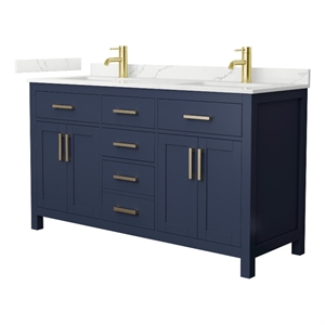 Pemberly Row 60&quot Blue Double Vanity & Giotto Quartz Top (1-Hole) & Gold Trim