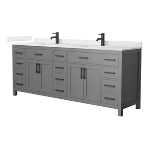 Pemberly Row 84&quot Gray Double Vanity & Giotto Quartz Top (1-Hole) & Black Trim