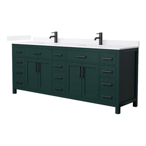 Pemberly Row 84&quot Green Double Vanity & White Quartz Top (1-Hole) & Black Trim