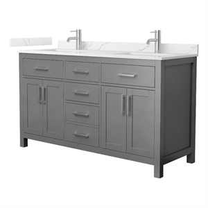 Pemberly Row 60&quot Gray Double Vanity & Giotto Quartz Top (1-Hole) & Nickel Trim