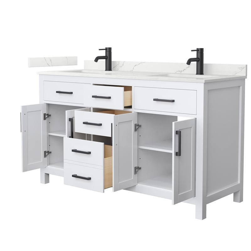 pemberly row 60&quot white double vanity & giotto quartz top (1-hole) & black trim