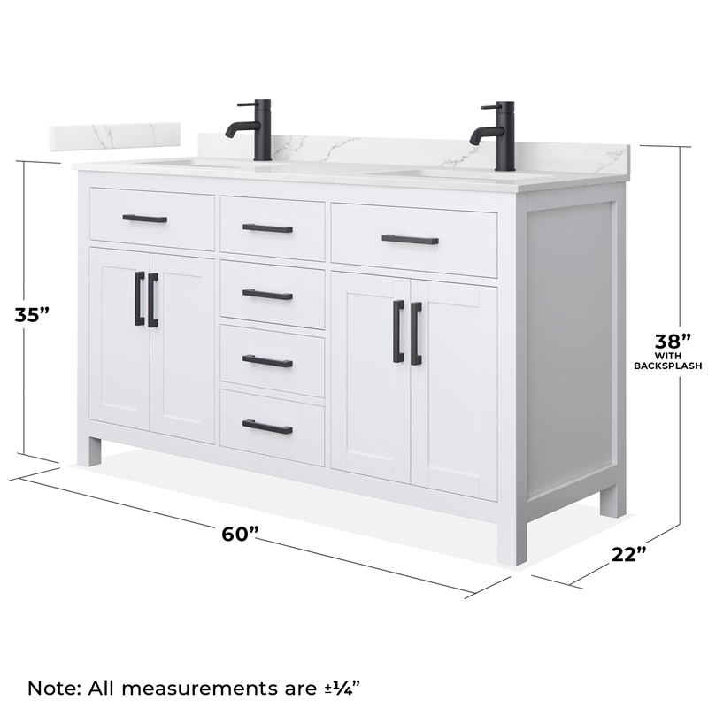 pemberly row 60&quot white double vanity & giotto quartz top (1-hole) & black trim