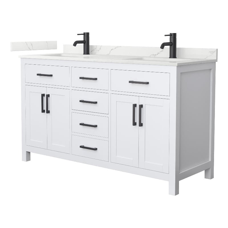 Pemberly Row 60&quot White Double Vanity & Giotto Quartz Top (1-Hole) & Black Trim